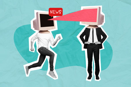 Collage photo artwork surrealism headless caricature people businessman monitor share fake news...