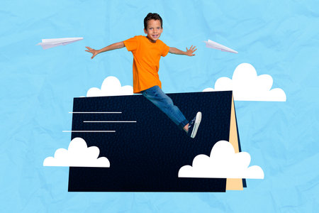 Creative collage photo of young little schoolboy preteen flying elementary education heaven preparation book september day isolated on sky backgroundの写真素材