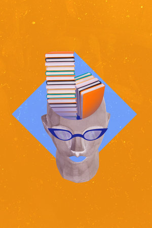 Collage artwork photo of head empty skull brainstorming book inside head 3d concept smart person...