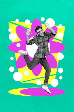 Creative photo 3d collage artwork poster postcard of positive happy man rejoice get excellent good...