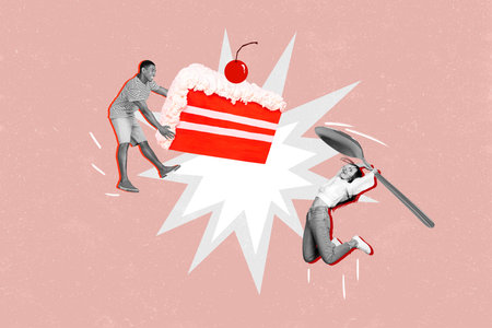 Collage artwork picture of two excited black white colors people jumping hold piece cake spoon...
