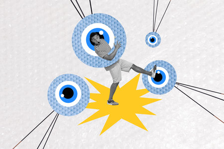 Composite collage image of impressed black white colors guy walking huge eye balls spying watching...