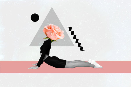 Creative photo collage illustration of headless girl pink rose instead of head stretching doing exercise isolated on grey color backgroundの写真素材