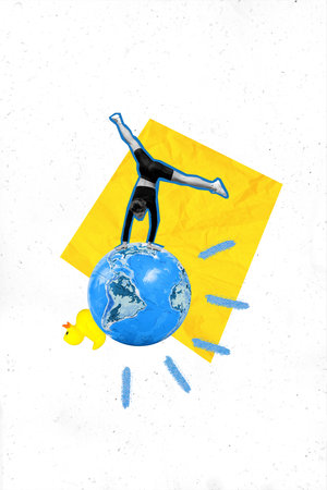 Vertical creative photo collage illustration of motivated young slim fit girl hands standing on...