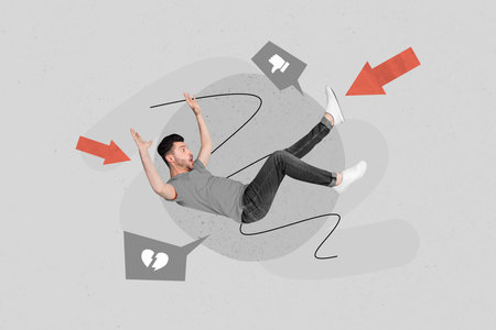Composite collage image of scared man falling down thumb down social media message notification...