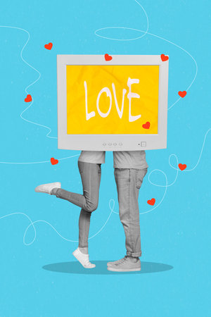Creative photo 3d collage artwork poster postcard of two happy people screen monitor instead faces...