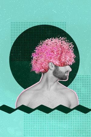 Creative 3d photo graphics collage painting of handsome attractive guy pink flowers instead of hair...