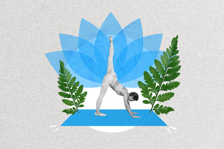 Composite collage picture image of young sportive flexible woman asana pose practice yoga peace...