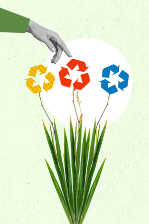 Magazine advert collage of painting recycle mark above green grass symbol natural protectionの写真素材