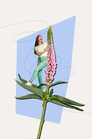 Banner poster template collage of mini little funky girl climb high exotic blooming plant flower