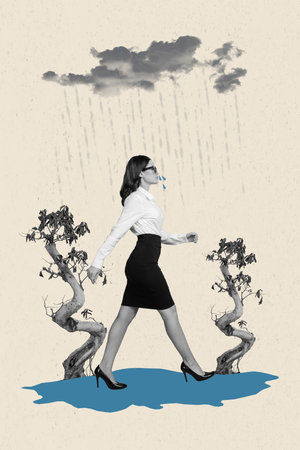 Creative photo 3d collage artwork poster picture of frustrated lonely lady walking outdoors lost job isolated on painting backgroundの写真素材