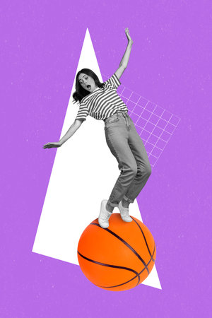 Creative photo 3d collage artwork poster postcard picture of crazy girl stand big orange ball isolated on painting backgroundの写真素材