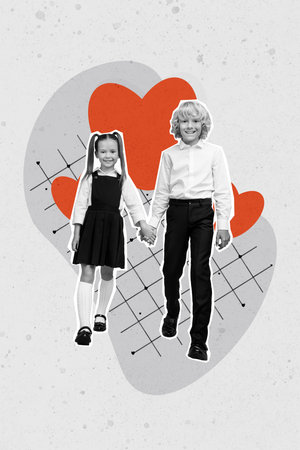 Creative retro 3d magazine collage image of funny funky small kids celebrating 14 february isolated painting backgroundの写真素材