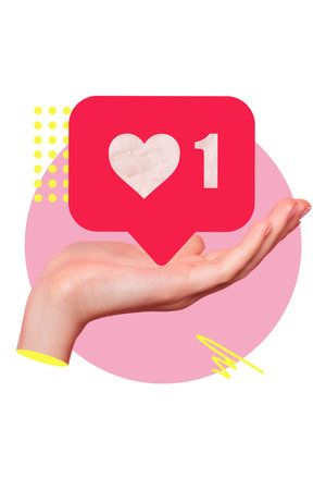 Vertical collage illustration of arm palm hold like notificationの写真素材