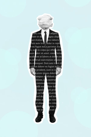 Photo sketch graphics collage artwork picture of confident guy paper ball instead of head isolated drawing backgroundの写真素材