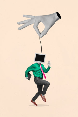 Vertical surrealism collage image of black white effect arm fingers hold string little guy monitor...