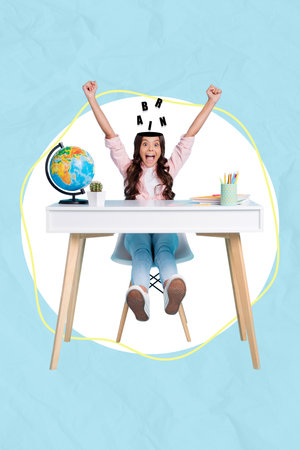Composite collage artwork of youngster small schoolgirl preteen headless brain celebrate done...