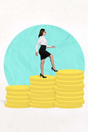 Creative 3d artwork photo collage of young successful professional ceo specialist woman walk up progress coins salary isolated on white backgroundの写真素材