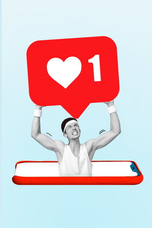 Creative photo 3d collage artwork poster postcard of sporty muscular man raise big heavy like...