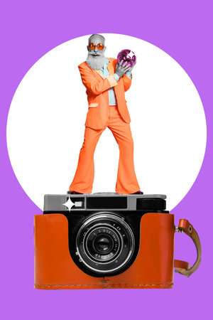 Vertical photo collage of mature retired old boyfriend dancing hold shiny discoball party wear...