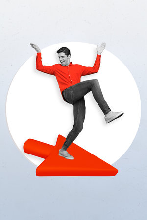 Creative photo collage of young excited businessman entrepreneur wear red stylish shirt dance way...