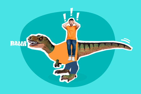 Advert magazine template collage of shocked guy ride travel giant dinosaur unexpected discount conceptの写真素材
