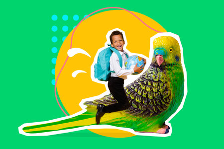 Creative collage picture of excited happy mini child sit flying big parrot bird isolated on painted...