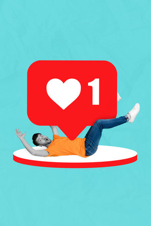 Magazine poster collage of amazed millennial guy lie under huge like reaction button social media...
