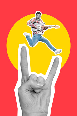 Creative magazine collage of funny guy youth rocker jump up play bank rock song on horned symbol fingers over red yellow bright backgroundの写真素材