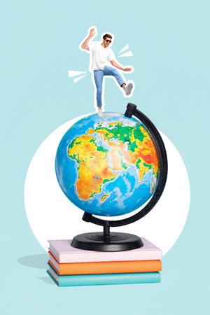 Vertical collage picture of excited funky person stand top big earth planet globe dancing isolated on creative backgroundの写真素材