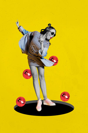Creative photo 3d collage artwork poster postcard of crazy beautiful lady jumping falling down deep hole isolated on painting backgroundの写真素材