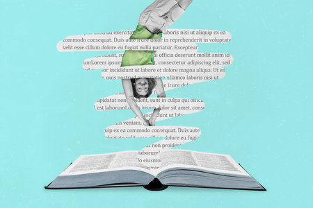 Creative retro 3d magazine collage image of funny funky guy diving book world isolated painting...