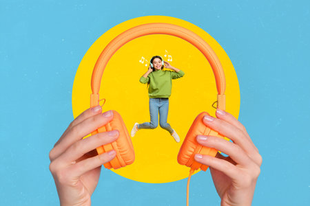 Photo collage artwork minimal picture of funny charming little child enjoying music modern...