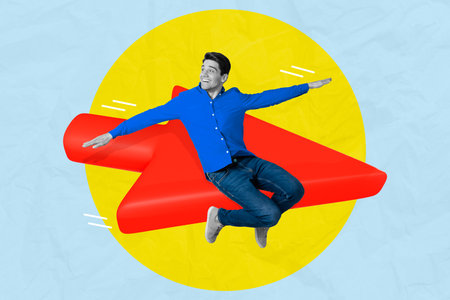 Collage photo of young funny man hands plane bird wings arrow direction correct way dreaming...