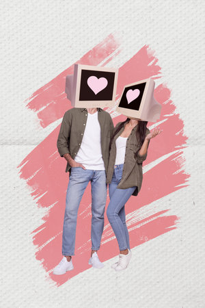 Creative collage picture photo poster postcard of two weird people acquainted application virtual love story isolated on painted backgroundの写真素材