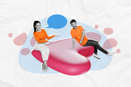 Creative 3d photo collage artwork graphics painting of charming pretty couple sitting 14 february heart isolated drawing backgroundの写真素材