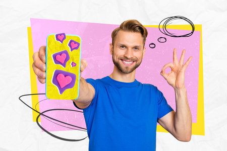 Photo collage artwork minimal picture of funny guy getting likes device isolated drawing background