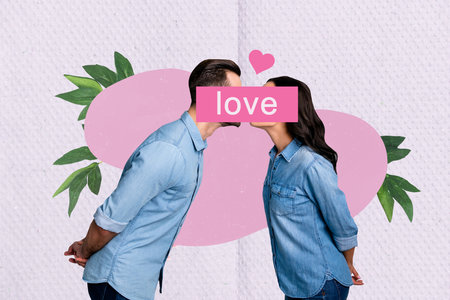 Creative collage photo poster postcard of lovely cute couple love each other sweet kiss enjoy...
