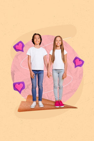 Photo creative picture collage poster postcard of cute pretty children hold hands friendship...