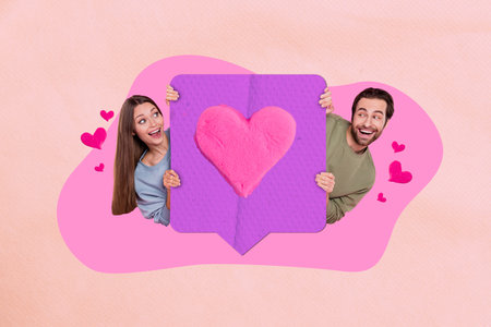 Collage artwork graphics picture of funky excited husband wife holding 14 february feedback heart...