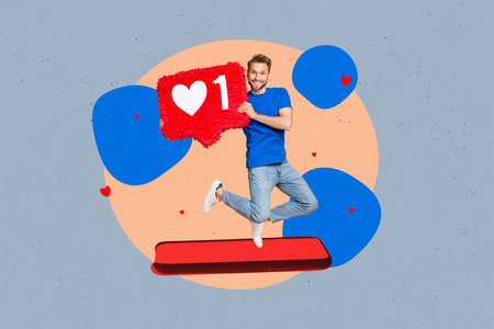 Photo of youngster blogger carefree funny man jumping overjoyed hold red paper pinata like symbol...