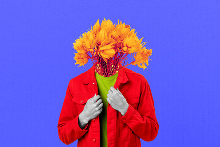 Composite collage image of headless person bunch fresh flowers instead head wear red jacket isolated...