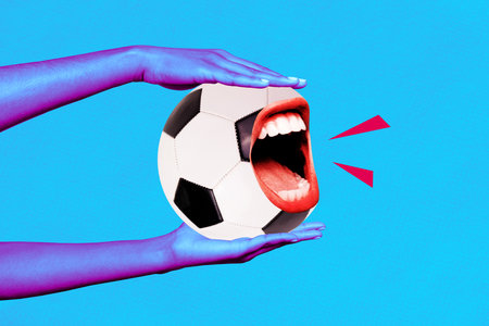 Photo creative retro collage picture image artwork of human arm hold ball shouting hooray goal isolated on painted backgroundの写真素材