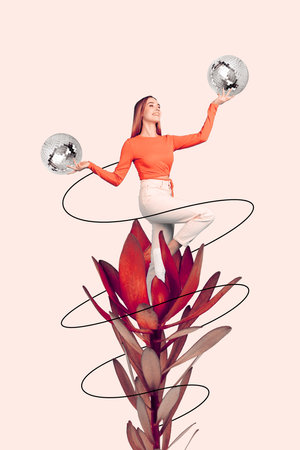 Photo creative collage poster postcard picture artwork of beautiful lady stand big flower hold two...