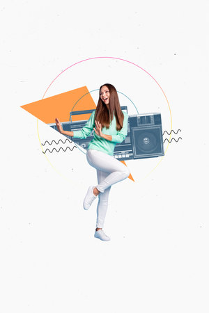 Vertical collage image of positive nice mini girl dancing partying big boombox isolated on drawing backgroundの写真素材