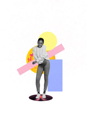 Vertical collage portrait of cheerful carefree black white gamma girl dancing good mood drawing disco ball isolated on creative backgroundの写真素材