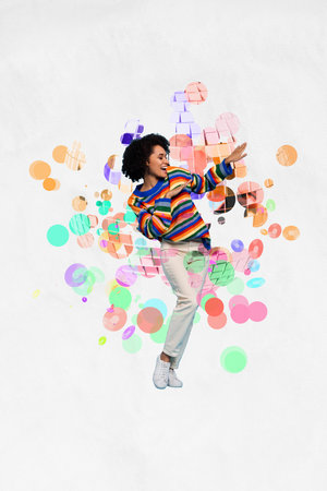 Artwork magazine collage picture of happy smiling lady dancing having fun isolated drawing backgroundの写真素材
