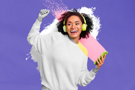 Creative bright photo collage picture artwork template of happy lady enjoy quality sound modern...