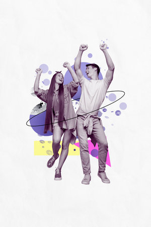 Photo collage sketch artwork poster postcard of joyful lovely couple god mood vibe have fun isolated on painted backgroundの写真素材