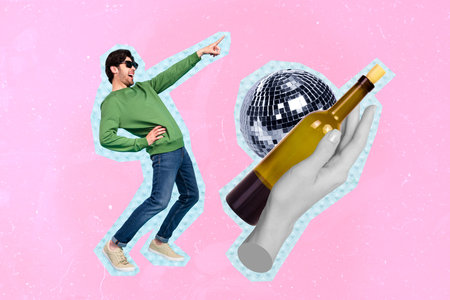 Creative banner poster collage of crazy hipster guy dance dynamic night club drink high quality champagneの写真素材